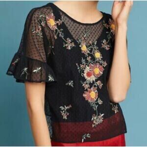 Floral Embroidered Black Sheer Top